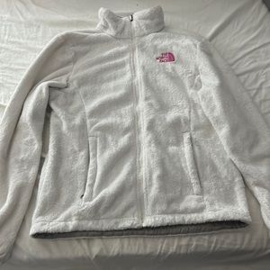 fuzzy white north face jacket